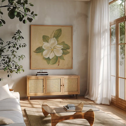 Magnolia Crop by Cheri Blum. Shown in a natural wood frame in a cozy modern living room. Available as an archival giclee rolled canvas, fine art paper, or poster print. SKU 7111a.