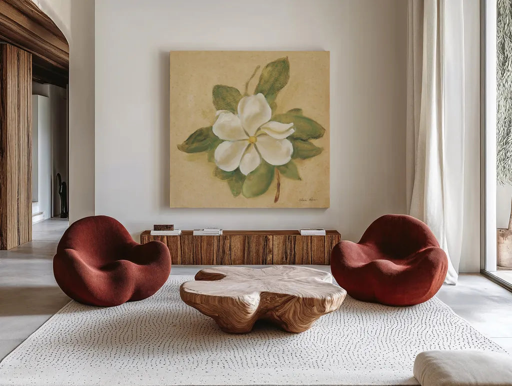 Magnolia Crop by Cheri Blum. Shown as extra-large giant wall art in a modern living room. Available as an archival giclee rolled canvas, fine art paper, or poster print. SKU 7111a.
