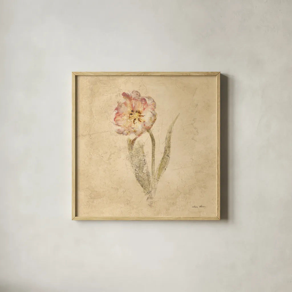 May Wonder Tulip by Cheri Blum. Shown in a natural wood glass frame for a timeless modern aesthetic. Available as an archival giclee rolled canvas, fine art paper, or poster print. SKU 7352a.