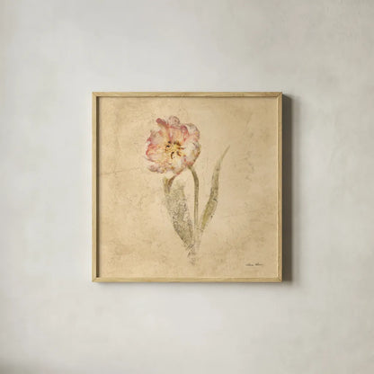 May Wonder Tulip by Cheri Blum. Shown in a natural wood glass frame for a timeless modern aesthetic. Available as an archival giclee rolled canvas, fine art paper, or poster print. SKU 7352a.