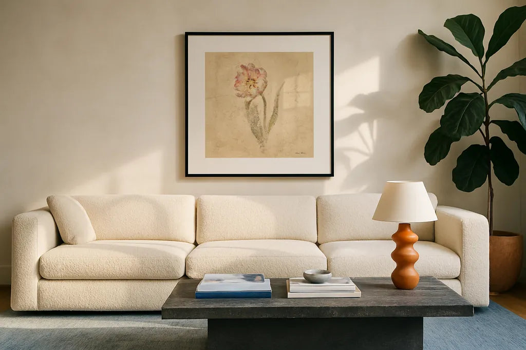 May Wonder Tulip by Cheri Blum. Displayed in a glass frame with matte in a clean modern living room. Available as an archival giclee rolled canvas, fine art paper, or poster print. SKU 7352a.