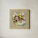 Mini Summer Garden Bouquet I by Cheri Blum. Shown in a natural wood glass frame for a timeless modern aesthetic. Available as an archival giclee rolled canvas, fine art paper, or poster print. SKU 7523a.