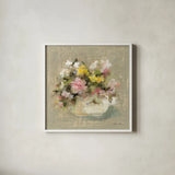 Mini Summer Garden Bouquet I by Cheri Blum. Shown in a crisp white glass frame for a clean and minimalist style. Available as an archival giclee rolled canvas, fine art paper, or poster print. SKU 7523a.