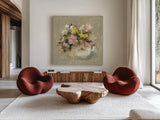 Mini Summer Garden Bouquet I by Cheri Blum. Shown as extra-large giant wall art in a modern living room. Available as an archival giclee rolled canvas, fine art paper, or poster print. SKU 7523a.