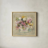 Mini Summer Garden Bouquet II by Cheri Blum. Shown in a natural wood glass frame for a timeless modern aesthetic. Available as an archival giclee rolled canvas, fine art paper, or poster print. SKU 7524a.