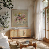 Mini Summer Garden Bouquet II by Cheri Blum. Shown in a natural wood frame in a cozy modern living room. Available as an archival giclee rolled canvas, fine art paper, or poster print. SKU 7524a.