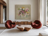 Mini Summer Garden Bouquet II by Cheri Blum. Shown as extra-large giant wall art in a modern living room. Available as an archival giclee rolled canvas, fine art paper, or poster print. SKU 7524a.