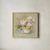 Mini Summer Garden Bouquet III by Cheri Blum. Shown in a natural wood glass frame for a timeless modern aesthetic. Available as an archival giclee rolled canvas, fine art paper, or poster print. SKU 90761a.