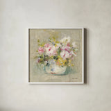 Mini Summer Garden Bouquet III by Cheri Blum. Shown in a crisp white glass frame for a clean and minimalist style. Available as an archival giclee rolled canvas, fine art paper, or poster print. SKU 90761a.