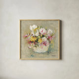 Mini Summer Garden Bouquet IV by Cheri Blum. Shown in a natural wood glass frame for a timeless modern aesthetic. Available as an archival giclee rolled canvas, fine art paper, or poster print. SKU 90762a.