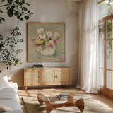 Mini Summer Garden Bouquet IV by Cheri Blum. Shown in a natural wood frame in a cozy modern living room. Available as an archival giclee rolled canvas, fine art paper, or poster print. SKU 90762a.