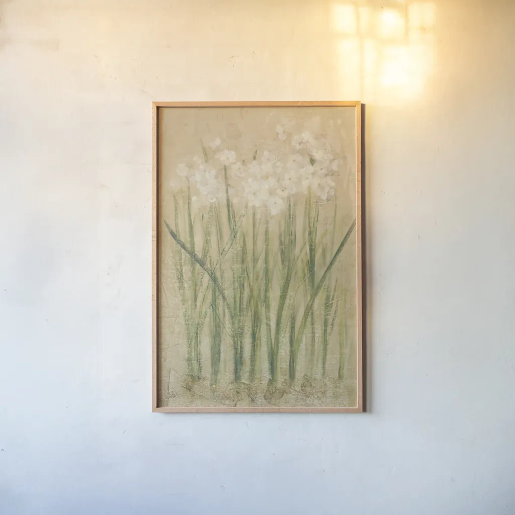 Narcissus by Cheri Blum. shown as a paper print in a natural frame. Available as a archival giclee rolled canvas, fine art paper, or poster print. SKU 6800h.