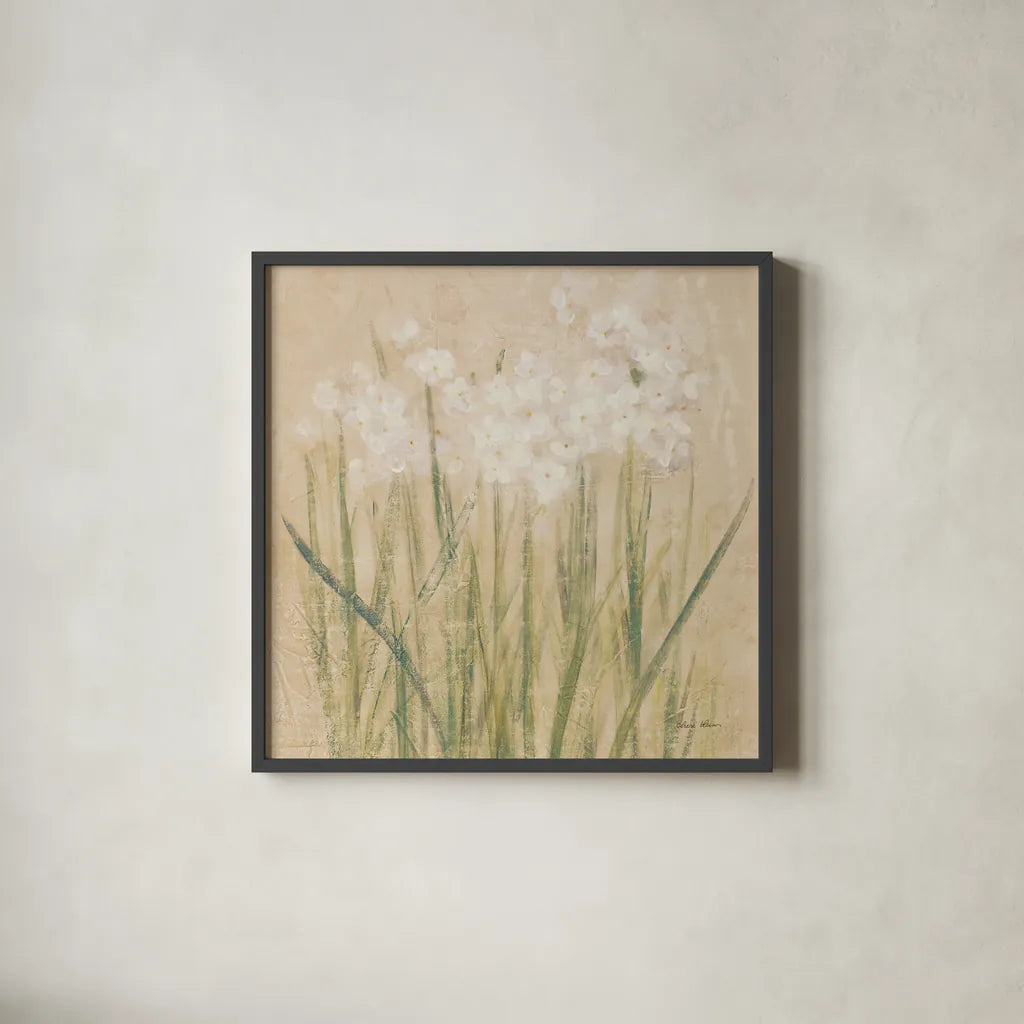 Narcissus Square by Cheri Blum. Shown in a sleek black glass frame for a contemporary gallery look. Available as an archival giclee rolled canvas, fine art paper, or poster print. SKU 62413a.