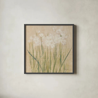 Narcissus Square by Cheri Blum. Shown in a sleek black glass frame for a contemporary gallery look. Available as an archival giclee rolled canvas, fine art paper, or poster print. SKU 62413a.