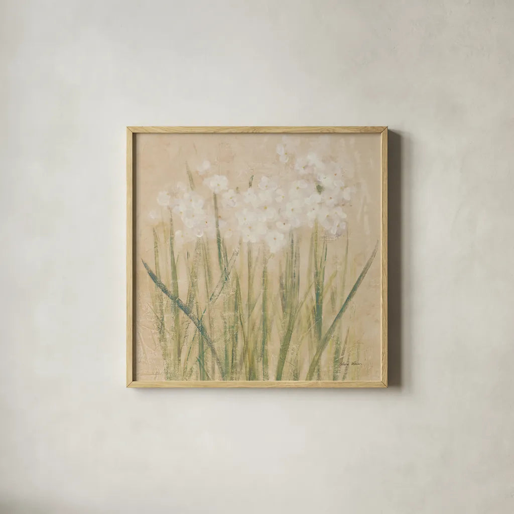 Narcissus Square by Cheri Blum. Shown in a natural wood glass frame for a timeless modern aesthetic. Available as an archival giclee rolled canvas, fine art paper, or poster print. SKU 62413a.