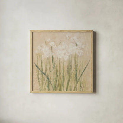 Narcissus Square by Cheri Blum. Shown in a natural wood glass frame for a timeless modern aesthetic. Available as an archival giclee rolled canvas, fine art paper, or poster print. SKU 62413a.