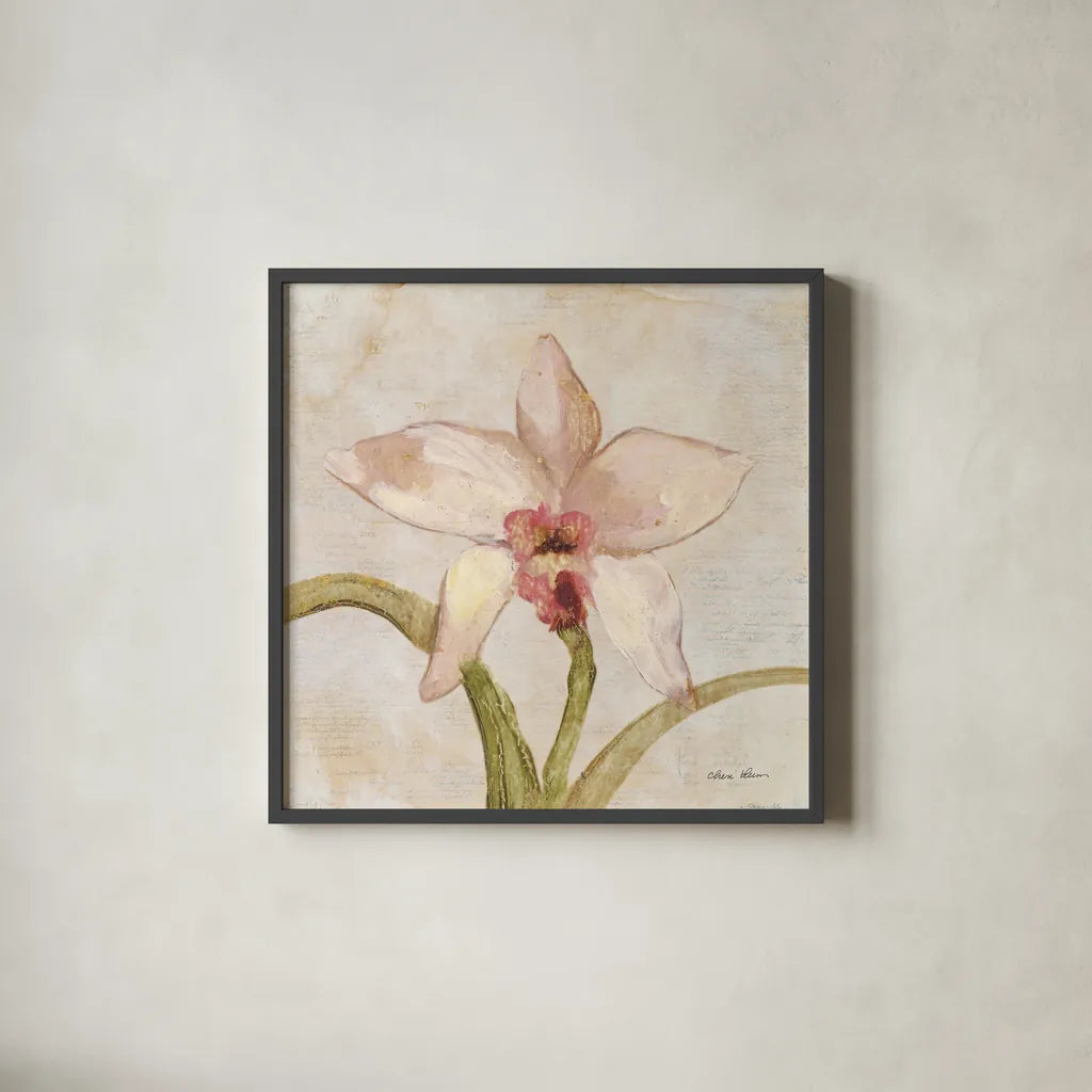 Orchid I by Cheri Blum. Shown in a sleek black glass frame for a contemporary gallery look. Available as an archival giclee rolled canvas, fine art paper, or poster print. SKU 90728a.