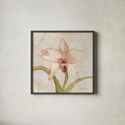 Orchid I by Cheri Blum. Shown in a sleek black glass frame for a contemporary gallery look. Available as an archival giclee rolled canvas, fine art paper, or poster print. SKU 90728a.