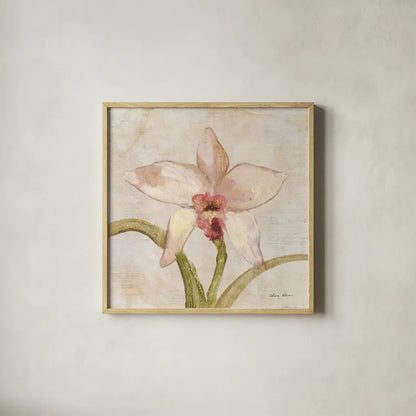 Orchid I by Cheri Blum. Shown in a natural wood glass frame for a timeless modern aesthetic. Available as an archival giclee rolled canvas, fine art paper, or poster print. SKU 90728a.