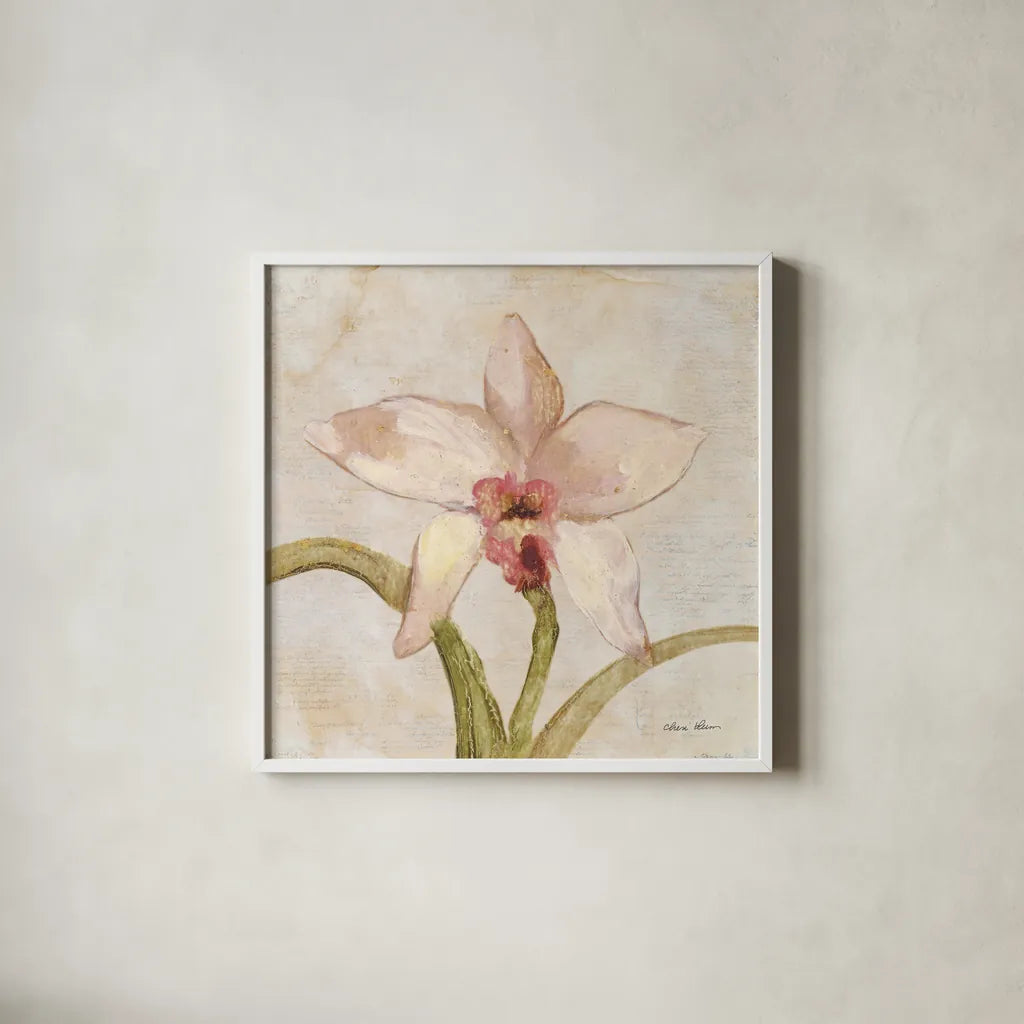 Orchid I by Cheri Blum. Shown in a crisp white glass frame for a clean and minimalist style. Available as an archival giclee rolled canvas, fine art paper, or poster print. SKU 90728a.