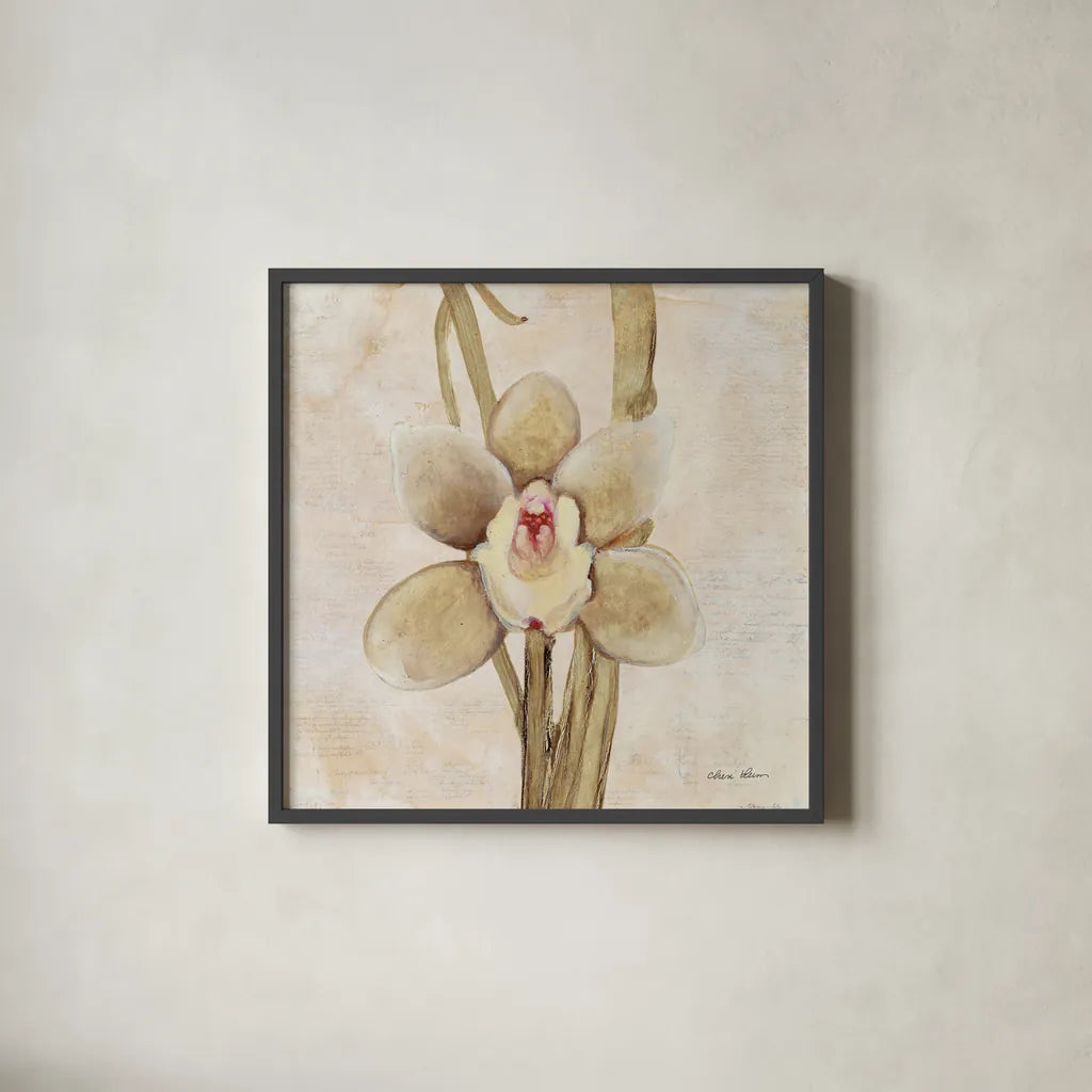 Orchid II by Cheri Blum. Shown in a sleek black glass frame for a contemporary gallery look. Available as an archival giclee rolled canvas, fine art paper, or poster print. SKU 90729a.