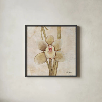 Orchid II by Cheri Blum. Shown in a sleek black glass frame for a contemporary gallery look. Available as an archival giclee rolled canvas, fine art paper, or poster print. SKU 90729a.