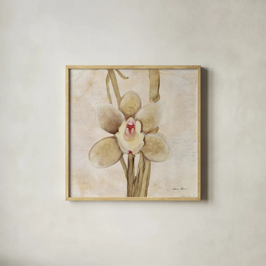 Orchid II by Cheri Blum. Shown in a natural wood glass frame for a timeless modern aesthetic. Available as an archival giclee rolled canvas, fine art paper, or poster print. SKU 90729a.