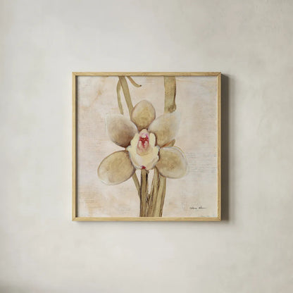 Orchid II by Cheri Blum. Shown in a natural wood glass frame for a timeless modern aesthetic. Available as an archival giclee rolled canvas, fine art paper, or poster print. SKU 90729a.