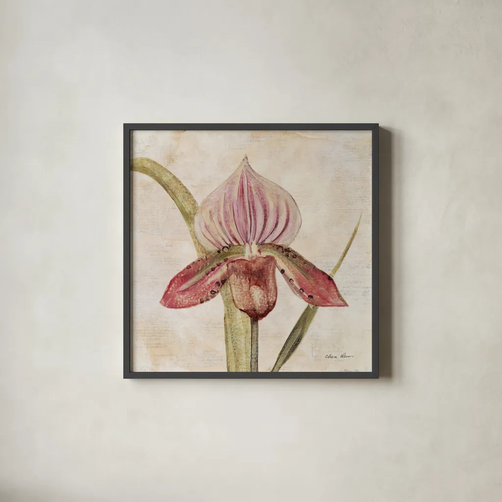 Orchid III by Cheri Blum. Shown in a sleek black glass frame for a contemporary gallery look. Available as an archival giclee rolled canvas, fine art paper, or poster print. SKU 90730a.