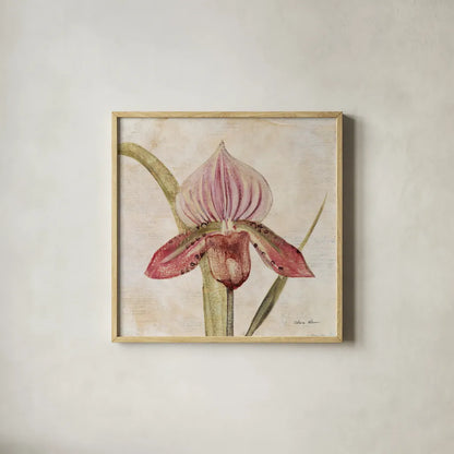 Orchid III by Cheri Blum. Shown in a natural wood glass frame for a timeless modern aesthetic. Available as an archival giclee rolled canvas, fine art paper, or poster print. SKU 90730a.