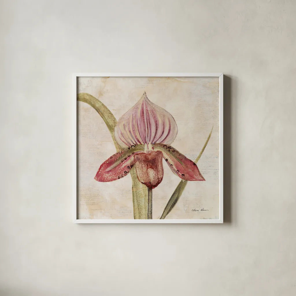 Orchid III by Cheri Blum. Shown in a crisp white glass frame for a clean and minimalist style. Available as an archival giclee rolled canvas, fine art paper, or poster print. SKU 90730a.