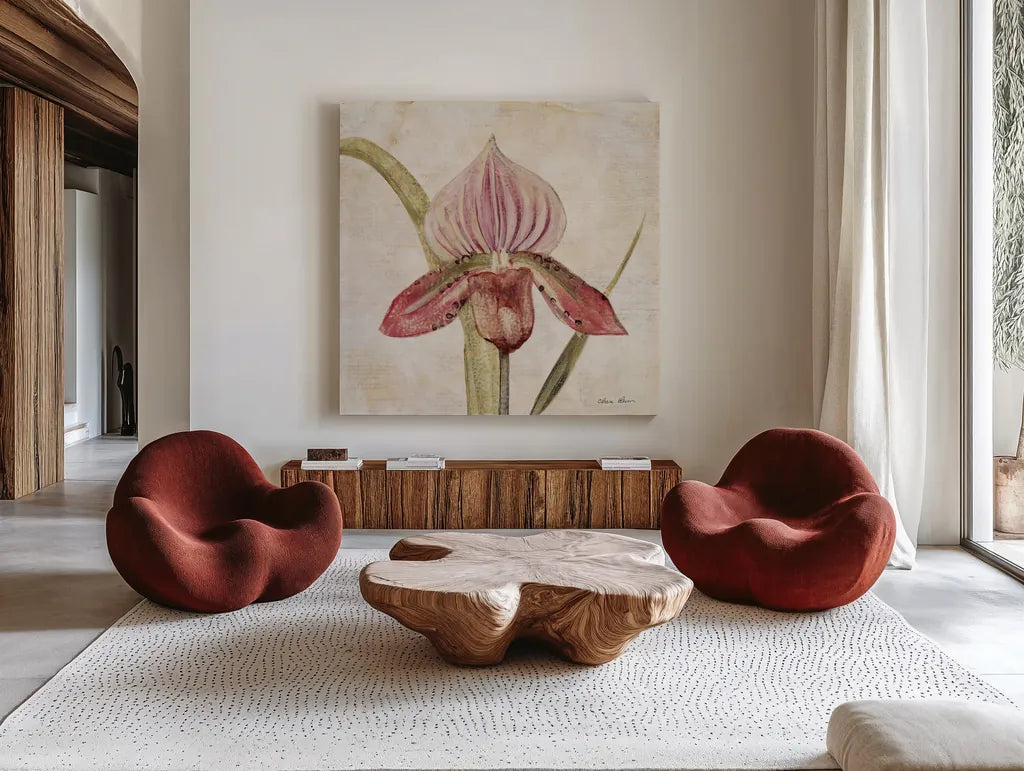 Orchid III by Cheri Blum. Shown as extra-large giant wall art in a modern living room. Available as an archival giclee rolled canvas, fine art paper, or poster print. SKU 90730a.