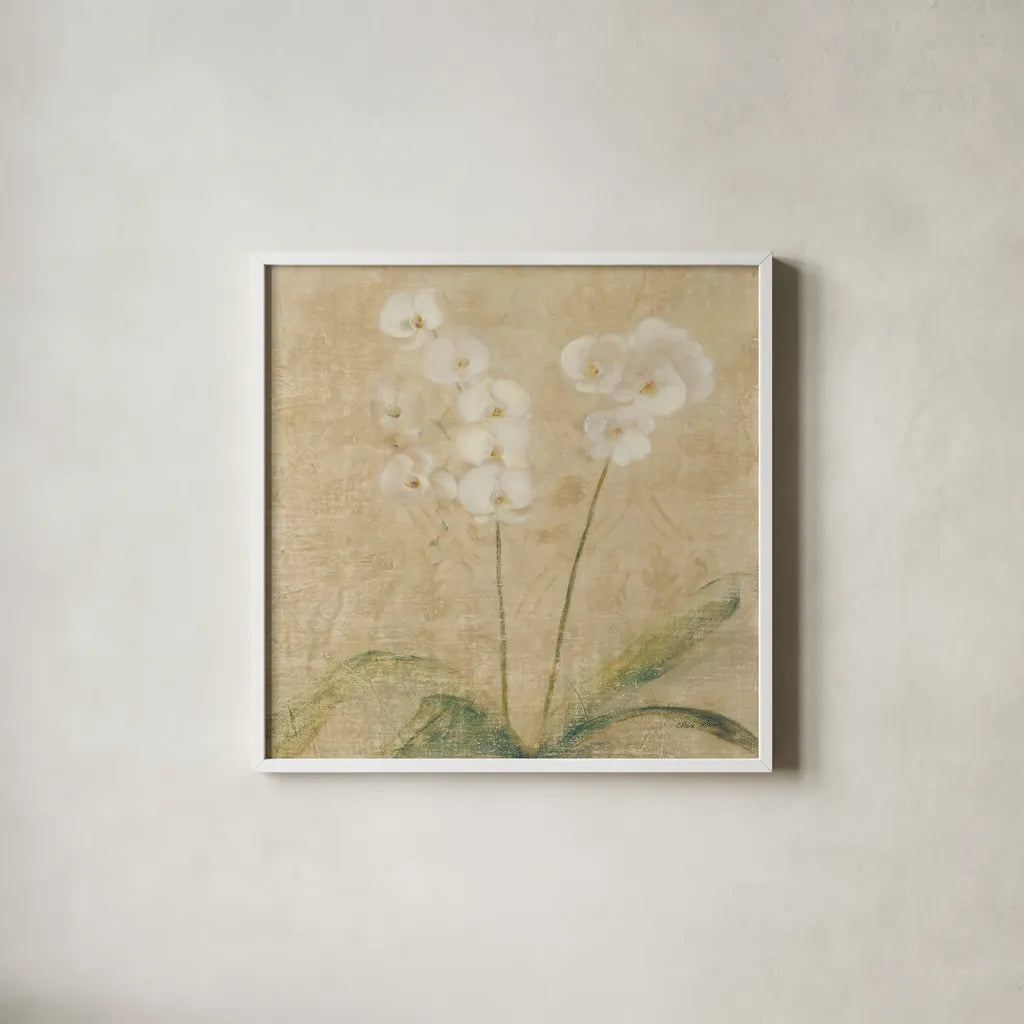 Orchid Square by Cheri Blum. Shown in a crisp white glass frame for a clean and minimalist style. Available as an archival giclee rolled canvas, fine art paper, or poster print. SKU 62414a.