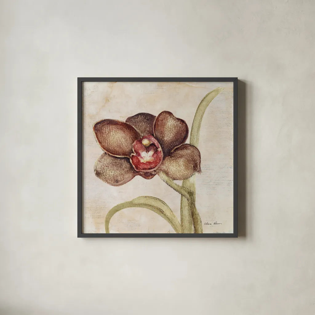 Orchid V by Cheri Blum. Shown in a sleek black glass frame for a contemporary gallery look. Available as an archival giclee rolled canvas, fine art paper, or poster print. SKU 90732a.