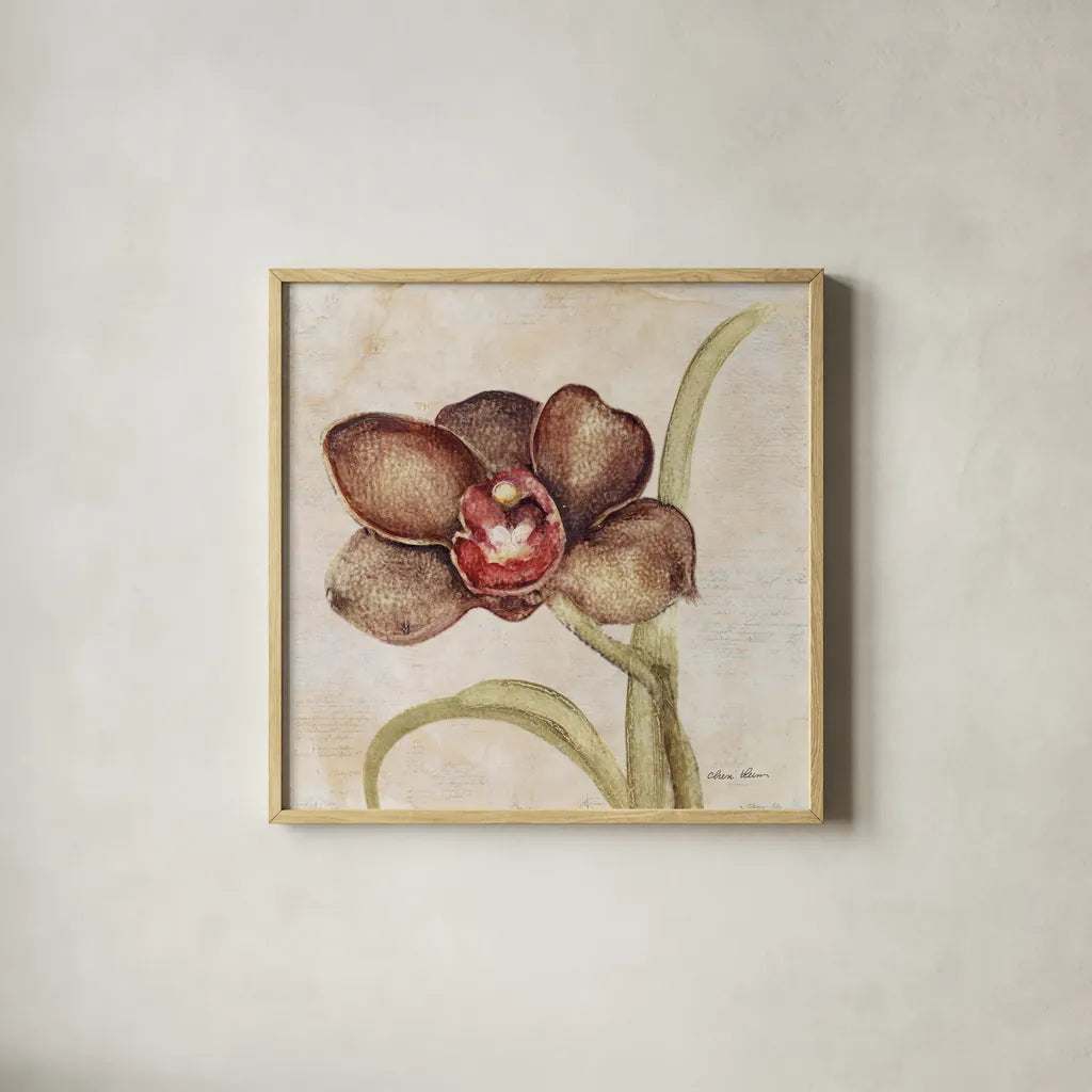 Orchid V by Cheri Blum. Shown in a natural wood glass frame for a timeless modern aesthetic. Available as an archival giclee rolled canvas, fine art paper, or poster print. SKU 90732a.