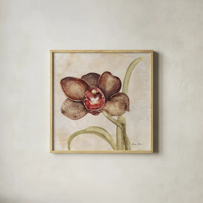 Orchid V by Cheri Blum. Shown in a natural wood glass frame for a timeless modern aesthetic. Available as an archival giclee rolled canvas, fine art paper, or poster print. SKU 90732a.