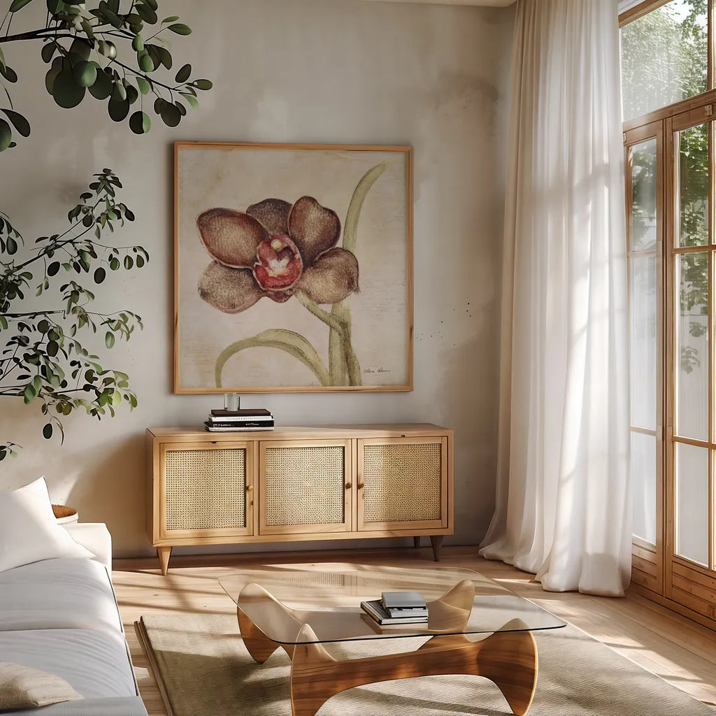 Orchid V by Cheri Blum. Shown in a natural wood frame in a cozy modern living room. Available as an archival giclee rolled canvas, fine art paper, or poster print. SKU 90732a.