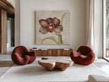 Orchid V by Cheri Blum. Shown as extra-large giant wall art in a modern living room. Available as an archival giclee rolled canvas, fine art paper, or poster print. SKU 90732a.