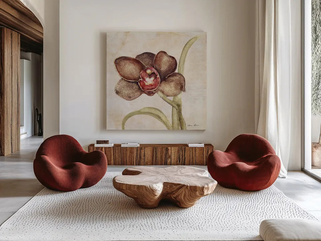 Orchid V by Cheri Blum. Shown as extra-large giant wall art in a modern living room. Available as an archival giclee rolled canvas, fine art paper, or poster print. SKU 90732a.