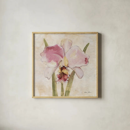 Orchid VI by Cheri Blum. Shown in a natural wood glass frame for a timeless modern aesthetic. Available as an archival giclee rolled canvas, fine art paper, or poster print. SKU 90733a.
