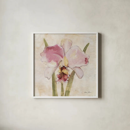 Orchid VI by Cheri Blum. Shown in a crisp white glass frame for a clean and minimalist style. Available as an archival giclee rolled canvas, fine art paper, or poster print. SKU 90733a.