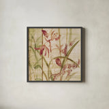 Orchids I Crop by Cheri Blum. Shown in a sleek black glass frame for a contemporary gallery look. Available as an archival giclee rolled canvas, fine art paper, or poster print. SKU 90126a.