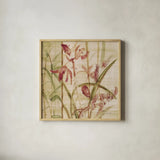 Orchids I Crop by Cheri Blum. Shown in a natural wood glass frame for a timeless modern aesthetic. Available as an archival giclee rolled canvas, fine art paper, or poster print. SKU 90126a.