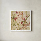 Orchids I Crop by Cheri Blum. Shown in a crisp white glass frame for a clean and minimalist style. Available as an archival giclee rolled canvas, fine art paper, or poster print. SKU 90126a.