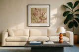 Orchids I Crop by Cheri Blum. Displayed in a glass frame with matte in a clean modern living room. Available as an archival giclee rolled canvas, fine art paper, or poster print. SKU 90126a.