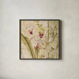 Orchids II Crop by Cheri Blum. Shown in a sleek black glass frame for a contemporary gallery look. Available as an archival giclee rolled canvas, fine art paper, or poster print. SKU 90127a.