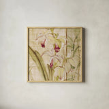 Orchids II Crop by Cheri Blum. Shown in a natural wood glass frame for a timeless modern aesthetic. Available as an archival giclee rolled canvas, fine art paper, or poster print. SKU 90127a.