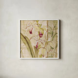 Orchids II Crop by Cheri Blum. Shown in a crisp white glass frame for a clean and minimalist style. Available as an archival giclee rolled canvas, fine art paper, or poster print. SKU 90127a.