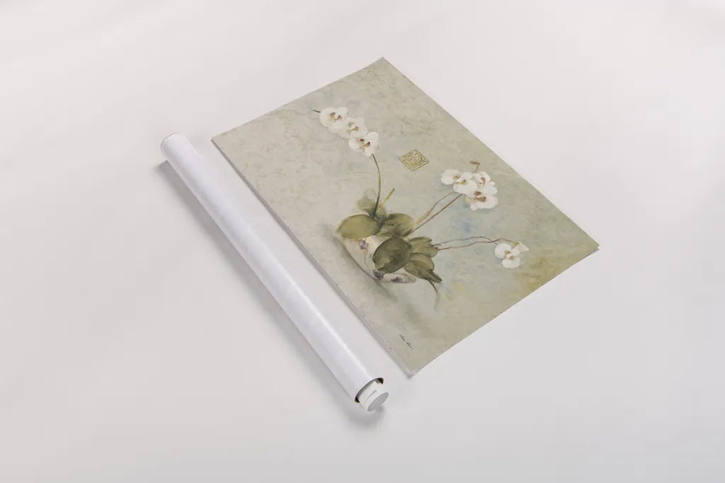 Orchids in a Chinese Bowl by Cheri Blum. shown as a rolled paper print. Available as archival giclee rolled canvas, fine art paper, or poster print. SKU 7110i.