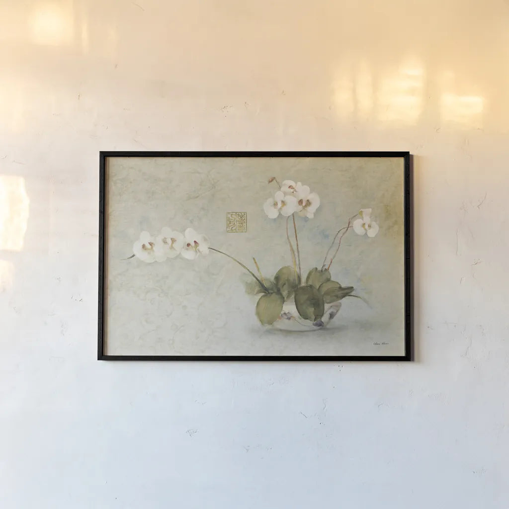 Orchids in a Chinese Bowl by Cheri Blum. shown as a paper print in a black flame. Available as a archival giclee rolled canvas, fine art paper, or poster print. SKU 7110i.